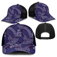 Deep Blue Monstera Mesh Trucker Cap Polynesian Tribal Pattern - Polynesian Pride