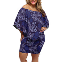 Deep Blue Monstera Off Shoulder Short Dress Polynesian Tribal Pattern - Polynesian Pride