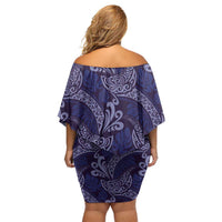 Deep Blue Monstera Off Shoulder Short Dress Polynesian Tribal Pattern - Polynesian Pride