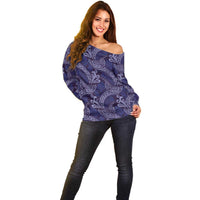 Deep Blue Monstera Off Shoulder Sweater Polynesian Tribal Pattern - Polynesian Pride