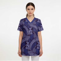 Deep Blue Monstera Scrub Top Polynesian Tribal Pattern - Polynesian Pride