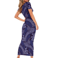 Deep Blue Monstera Short Sleeve Bodycon Dress Polynesian Tribal Pattern - Polynesian Pride