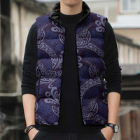 Deep Blue Monstera Sleeveless Puffer Jacket Polynesian Tribal Pattern - Polynesian Pride