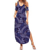 Deep Blue Monstera Summer Maxi Dress Polynesian Tribal Pattern - Polynesian Pride