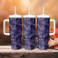 Deep Blue Monstera Tumbler With Handle Polynesian Tribal Pattern - Polynesian Pride
