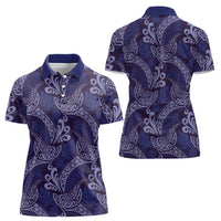 Deep Blue Monstera Women Polo Shirt Polynesian Tribal Pattern - Polynesian Pride