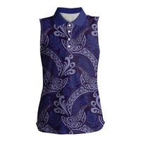 Deep Blue Monstera Women Sleeveless Polo Shirt Polynesian Tribal Pattern - Polynesian Pride