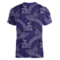 Deep Blue Monstera Women V-Neck T-Shirt Polynesian Tribal Pattern - Polynesian Pride