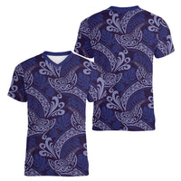 Deep Blue Monstera Women V-Neck T-Shirt Polynesian Tribal Pattern - Polynesian Pride