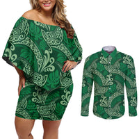 Forest Green Monstera Couples Matching Off Shoulder Short Dress and Long Sleeve Button Shirt Polynesian Tribal Pattern - Polynesian Pride