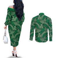Forest Green Monstera Couples Matching Off The Shoulder Long Sleeve Dress and Long Sleeve Button Shirt Polynesian Tribal Pattern - Polynesian Pride