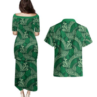 Forest Green Monstera Couples Matching Puletasi and Hawaiian Shirt Polynesian Tribal Pattern - Polynesian Pride