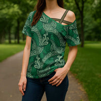 Forest Green Monstera Cross Shoulder Shirt Polynesian Tribal Pattern - Polynesian Pride