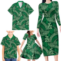 Forest Green Monstera Family Matching Long Sleeve Bodycon Dress and Hawaiian Shirt Polynesian Tribal Pattern - Polynesian Pride