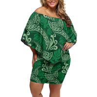 Forest Green Monstera Family Matching Off Shoulder Short Dress and Hawaiian Shirt Polynesian Tribal Pattern - Polynesian Pride