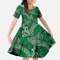 Forest Green Monstera Kid Short Sleeve Dress Polynesian Tribal Pattern - Polynesian Pride