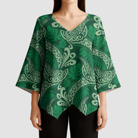 Forest Green Monstera Kimono Sleeve Blouse Polynesian Tribal Pattern - Polynesian Pride