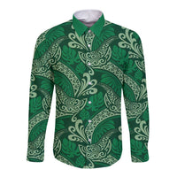 Forest Green Monstera Long Sleeve Button Shirt Polynesian Tribal Pattern - Polynesian Pride