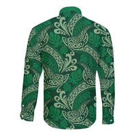 Forest Green Monstera Long Sleeve Button Shirt Polynesian Tribal Pattern - Polynesian Pride