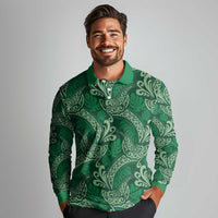 Forest Green Monstera Long Sleeve Polo Shirt Polynesian Tribal Pattern - Polynesian Pride