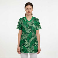 Forest Green Monstera Scrub Top Polynesian Tribal Pattern - Polynesian Pride