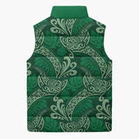 Forest Green Monstera Sleeveless Puffer Jacket Polynesian Tribal Pattern - Polynesian Pride