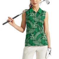 Forest Green Monstera Women Sleeveless Polo Shirt Polynesian Tribal Pattern - Polynesian Pride