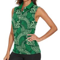 Forest Green Monstera Women Sleeveless Polo Shirt Polynesian Tribal Pattern - Polynesian Pride