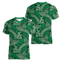 Forest Green Monstera Women V-Neck T-Shirt Polynesian Tribal Pattern - Polynesian Pride