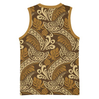 Brown Gold Monstera Basketball Jersey Polynesian Tribal Pattern - Polynesian Pride