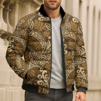 Brown Gold Monstera Bomber Puffer Jacket Polynesian Tribal Pattern - Polynesian Pride