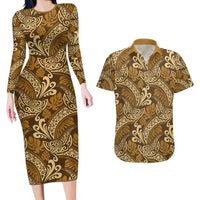 Brown Gold Monstera Couples Matching Long Sleeve Bodycon Dress and Hawaiian Shirt Polynesian Tribal Pattern - Polynesian Pride