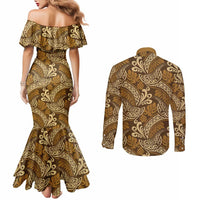 Brown Gold Monstera Couples Matching Mermaid Dress and Long Sleeve Button Shirt Polynesian Tribal Pattern - Polynesian Pride