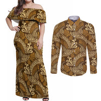 Brown Gold Monstera Couples Matching Off Shoulder Maxi Dress and Long Sleeve Button Shirt Polynesian Tribal Pattern - Polynesian Pride