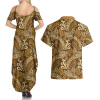 Brown Gold Monstera Couples Matching Summer Maxi Dress and Hawaiian Shirt Polynesian Tribal Pattern - Polynesian Pride