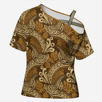 Brown Gold Monstera Cross Shoulder Shirt Polynesian Tribal Pattern - Polynesian Pride