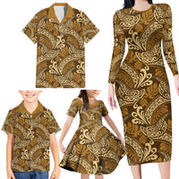 Brown Gold Monstera Family Matching Long Sleeve Bodycon Dress and Hawaiian Shirt Polynesian Tribal Pattern - Polynesian Pride
