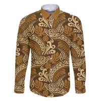 Brown Gold Monstera Family Matching Long Sleeve Bodycon Dress and Hawaiian Shirt Polynesian Tribal Pattern - Polynesian Pride