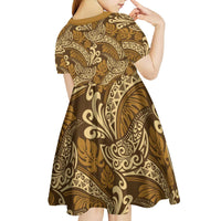 Brown Gold Monstera Kid Short Sleeve Dress Polynesian Tribal Pattern - Polynesian Pride