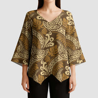 Brown Gold Monstera Kimono Sleeve Blouse Polynesian Tribal Pattern - Polynesian Pride