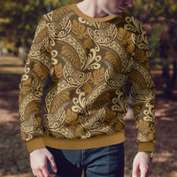 Brown Gold Monstera Ugly Christmas Sweater Polynesian Tribal Pattern - Polynesian Pride