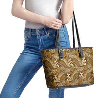 Brown Gold Monstera Leather Tote Bag Polynesian Tribal Pattern - Polynesian Pride