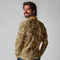 Brown Gold Monstera Long Sleeve Polo Shirt Polynesian Tribal Pattern - Polynesian Pride