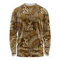 Brown Gold Monstera Long Sleeve Shirt Polynesian Tribal Pattern - Polynesian Pride