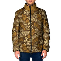 Brown Gold Monstera Padded Jacket Polynesian Tribal Pattern - Polynesian Pride