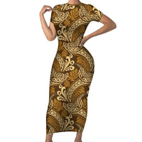 Brown Gold Monstera Short Sleeve Bodycon Dress Polynesian Tribal Pattern - Polynesian Pride