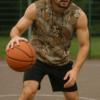 Brown Gold Monstera Sleeveless Hoodie Polynesian Tribal Pattern - Polynesian Pride