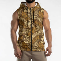 Brown Gold Monstera Sleeveless Zip Hoodie Polynesian Tribal Pattern - Polynesian Pride