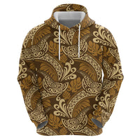 Brown Gold Monstera Zip Hoodie Polynesian Tribal Pattern - Polynesian Pride