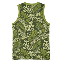 Olive Green Monstera Basketball Jersey Polynesian Tribal Pattern - Polynesian Pride